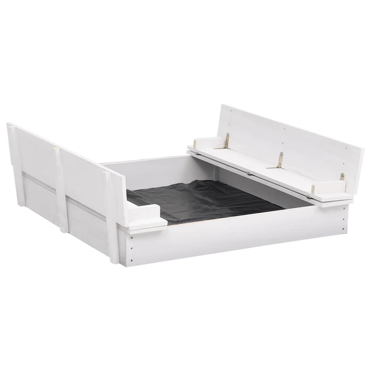 Una sabbiera in legno bianco con coperchio incernierato. Il coperchio è parzialmente aperto, rivelando un rivestimento nero all'interno.