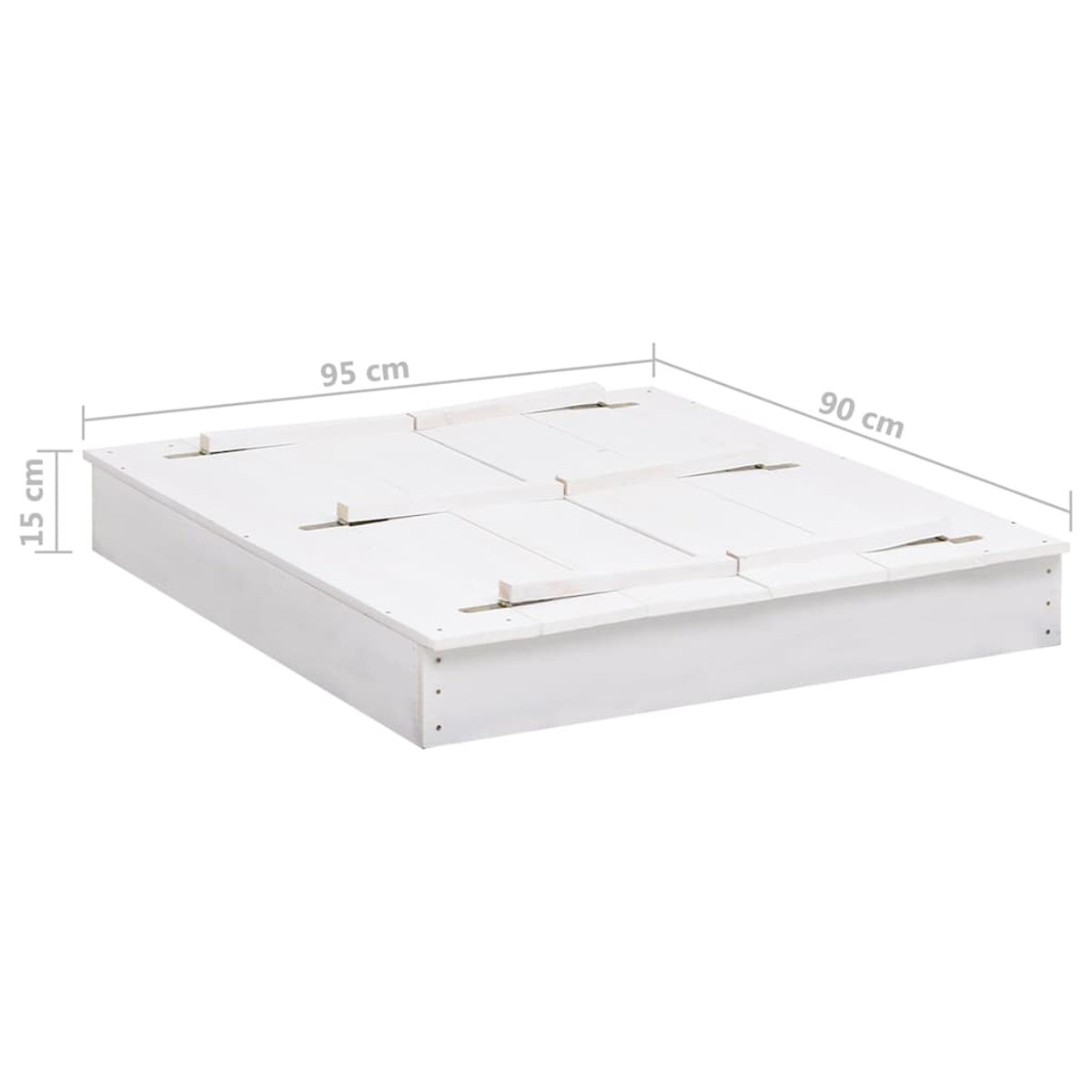 Una base letto in legno bianco. Ha le dimensioni etichettate: 95 cm, 90 cm e 15 cm. La base del letto è su uno sfondo bianco.