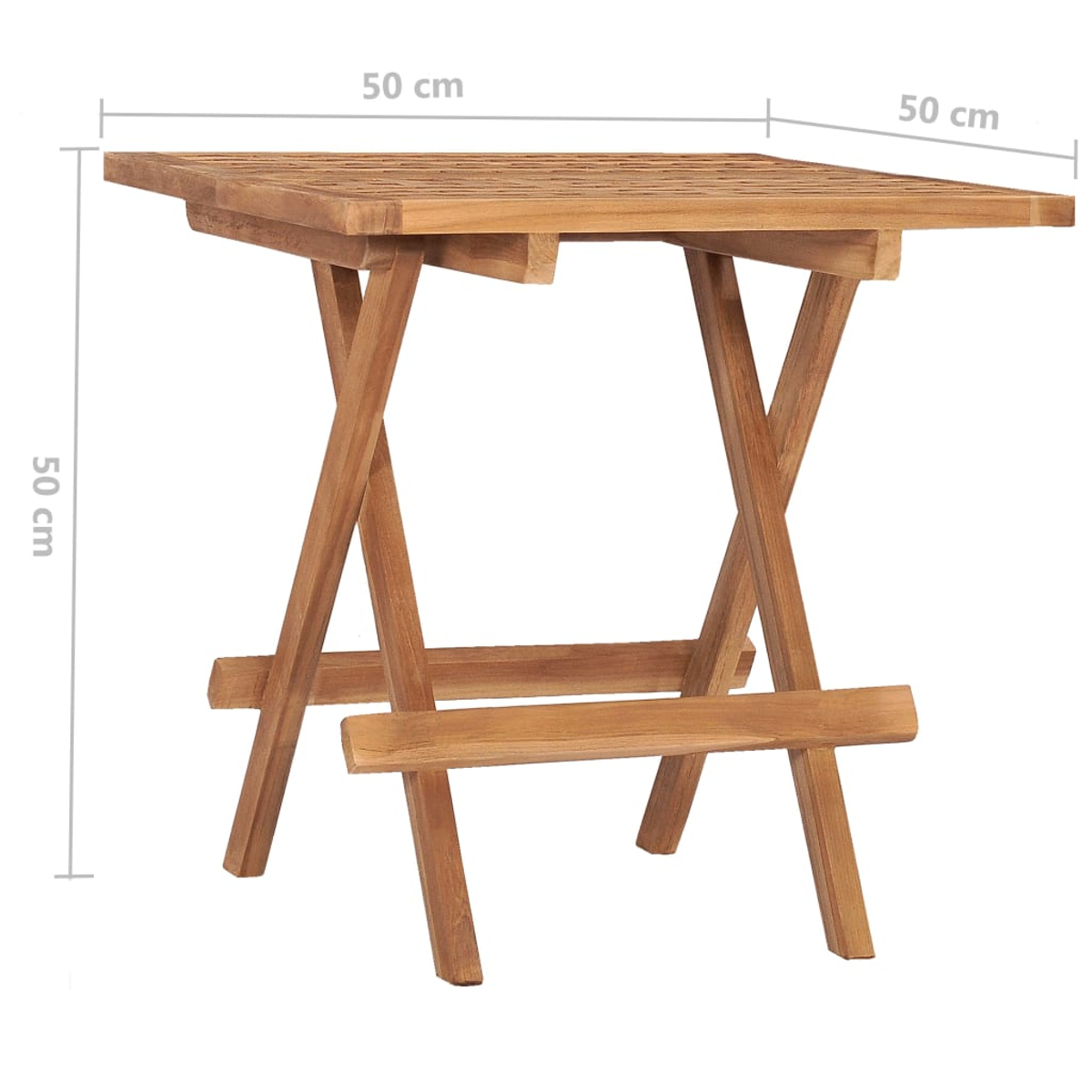 Ein quadratischer, hölzerner Klapptisch. Der Tisch ist braun und hat die Maße 50x50x50 cm. Er steht vor einem weißen Hintergrund.