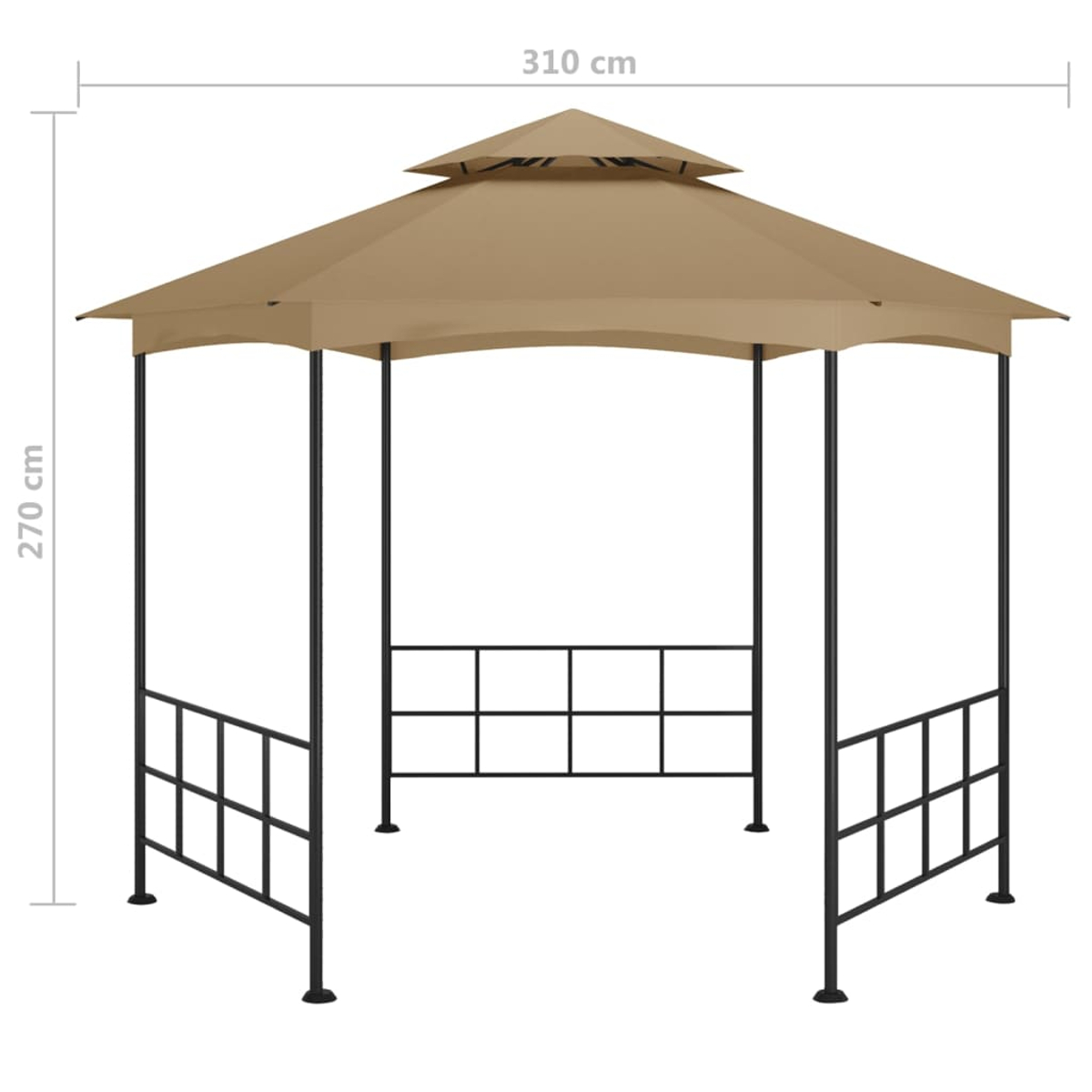 Ein beigefarbener Pavillon mit schwarzem Rahmen. Der Pavillon ist 310 cm breit und 270 cm hoch. Er hat ein Doppeldach.