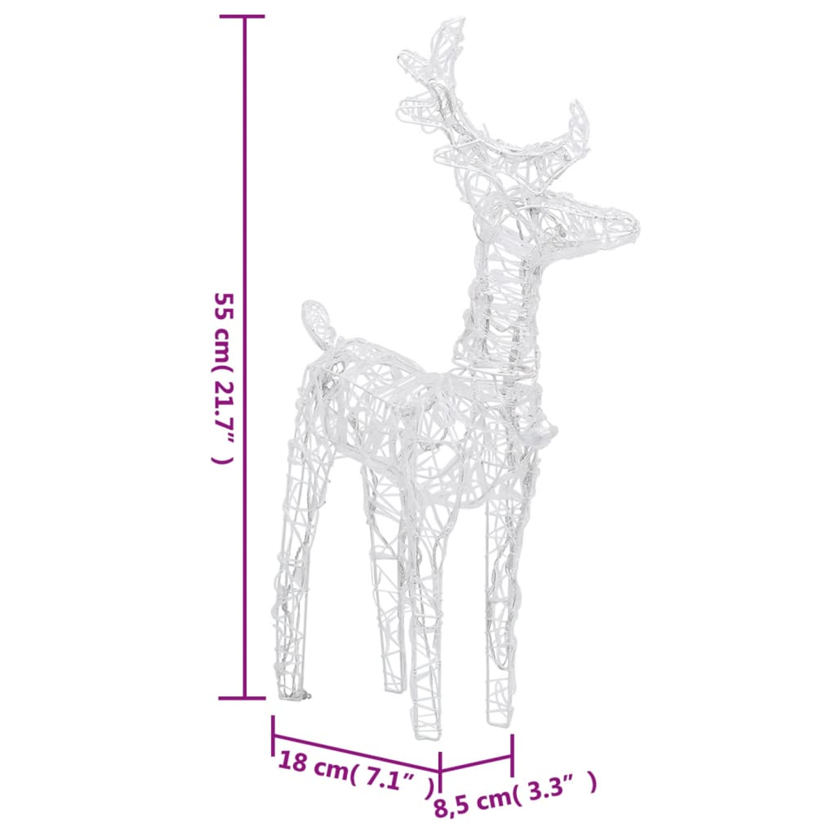 Eine weiße Drahtgestell-Rentierdekoration. Abmessungen sind beschriftet: 55 cm (21,7") Höhe, 18 cm (7,1") Breite und 8,5 cm (3,3") Tiefe.