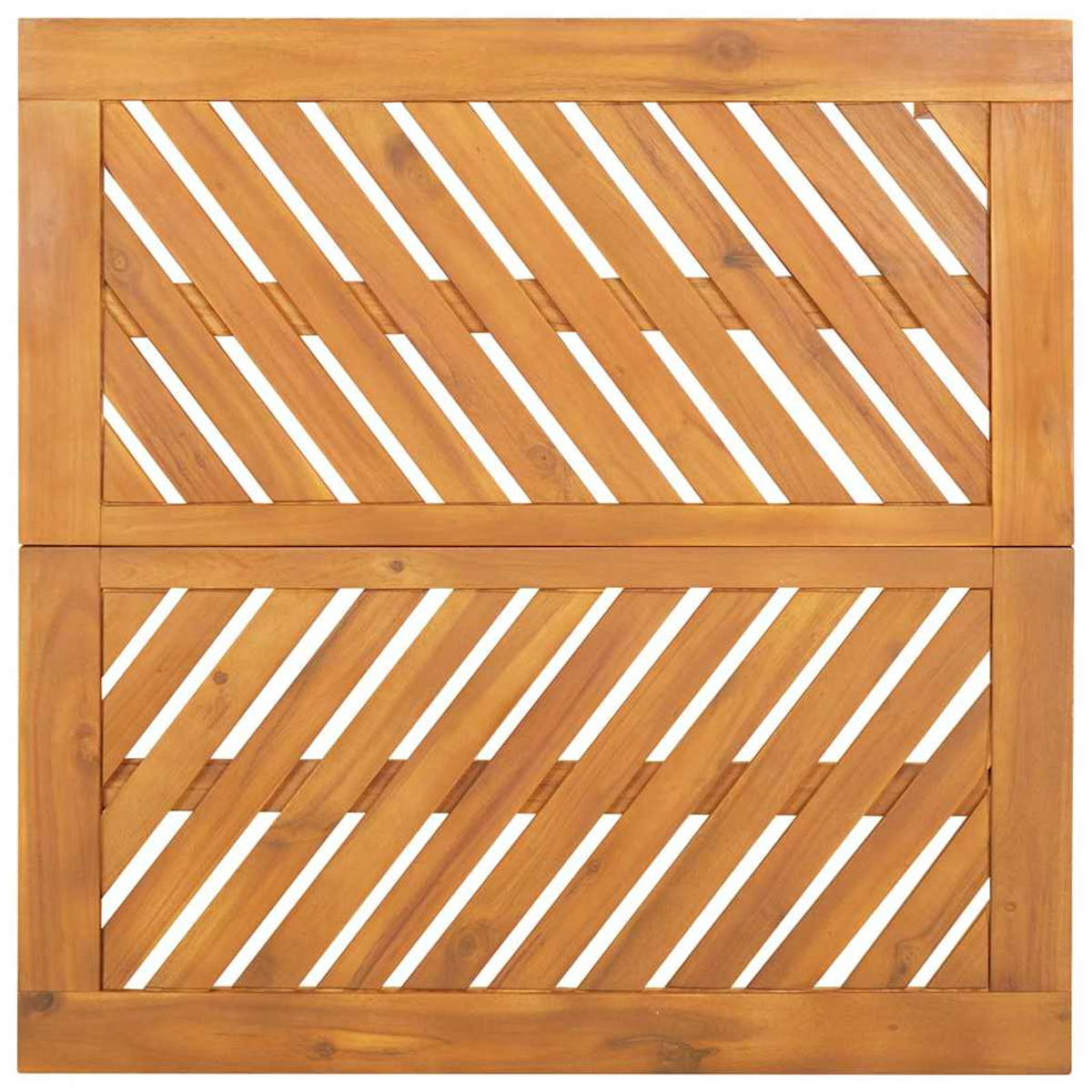 Zwei Holzpaneele mit diagonalen Lamellen. Das Holz ist hellbraun, die Lamellen bilden ein Muster aus weißen Zwischenräumen.
