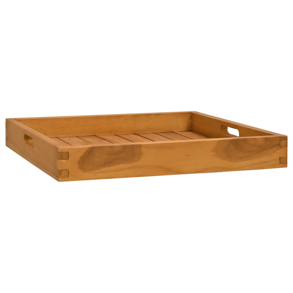 Holztablett mit Griffausschnitten, hellbraune Farbe, rechteckige Form. Sichtbare Holzmaserung, geschlitzte Basis und Schwalbenschwanzverbindungen.