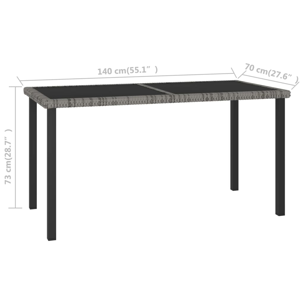 Ein rechteckiger Gartentisch mit grau gewebter Oberfläche und schwarzen Metallbeinen. Abmessungen sind angegeben.
