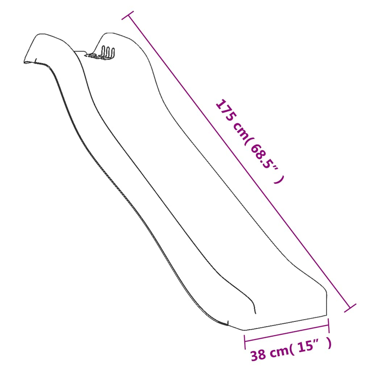 Strichzeichnung einer Rutsche. Sie hat die Maße: 175 cm (68,5") Länge und 38 cm (15") an der Basis.