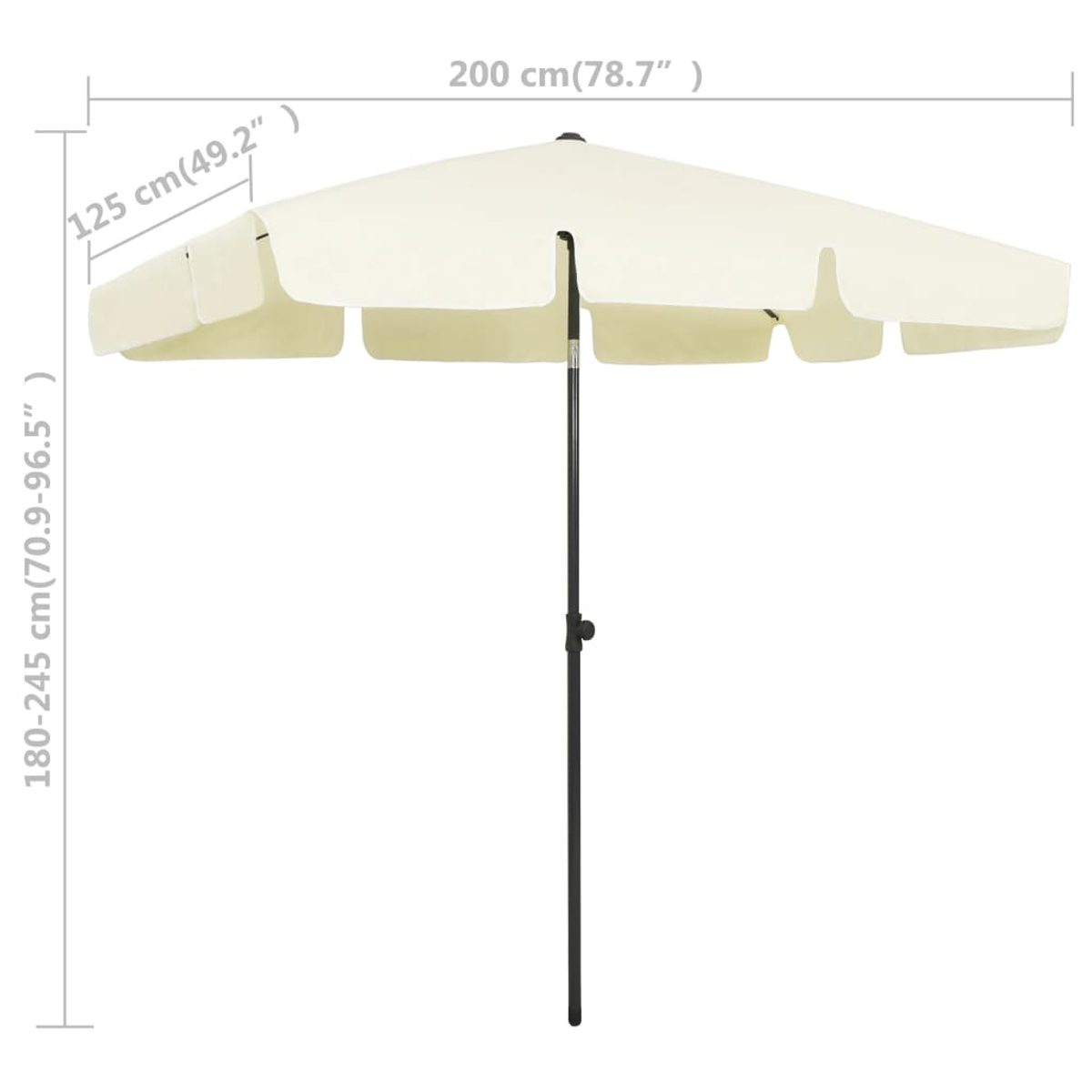 Ein cremefarbener Sonnenschirm mit schwarzem Mast. Abmessungen sind beschriftet: 200 cm breit, 125 cm hoch und 180-245 cm Stangenlänge.