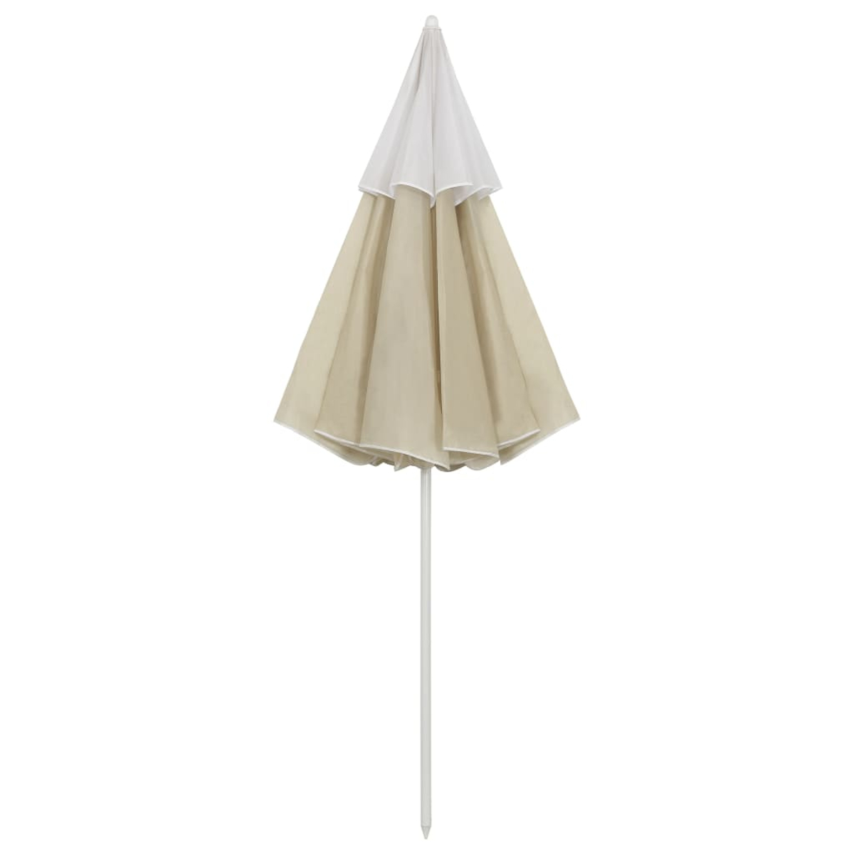 Un ombrellone chiuso con la parte superiore bianca e inferiore beige. Ha un palo bianco su sfondo bianco.