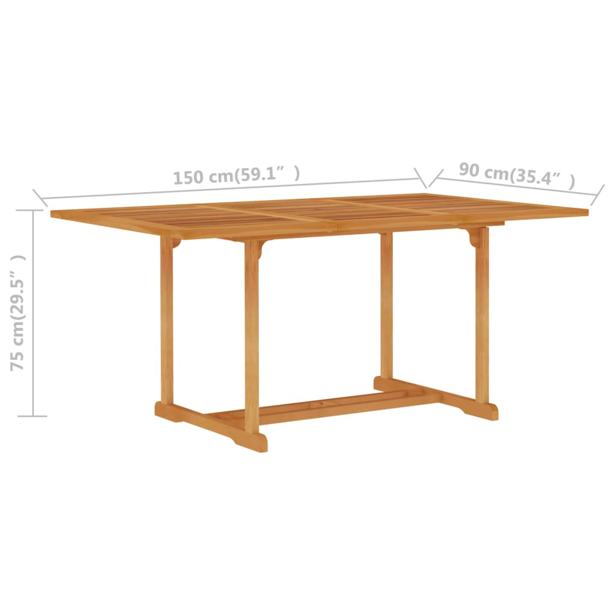 Ein rechteckiger Holztisch mit den Maßen: 150 cm (59,1") lang, 90 cm (35,4") breit und 75 cm (29,5") hoch.