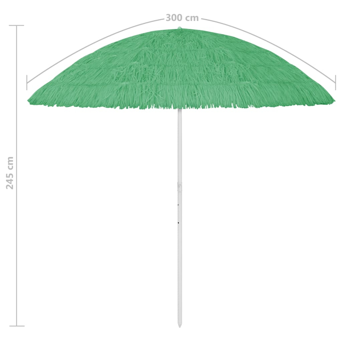 Ein grüner Sonnenschirm mit weißem Pfahl. Der Schirm hat einen Durchmesser von 300 cm und eine Höhe von 245 cm.