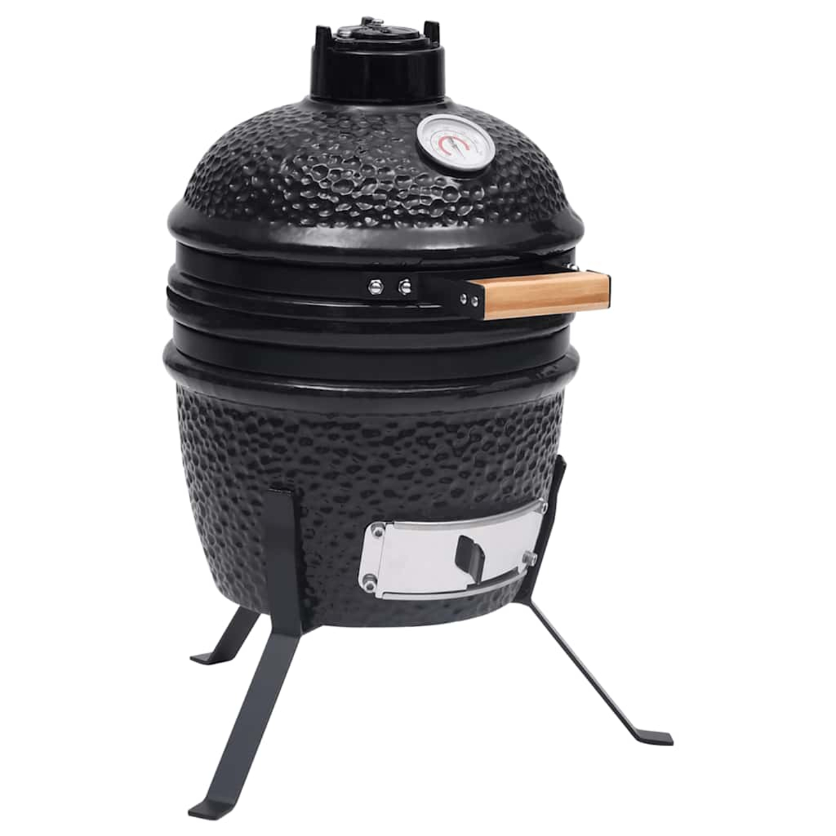 Una griglia in ceramica nera con termometro e manico in legno, su sfondo bianco. Ha coperchio, corpo e gambe.