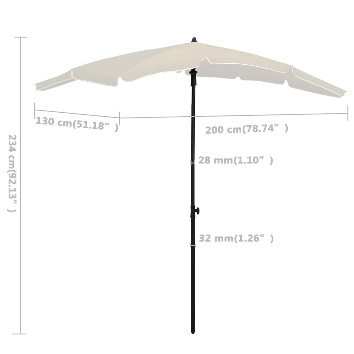 Ein beigefarbener, offener Sonnenschirm mit Maßangaben. Die Höhe beträgt 234 cm, die Breite 200 cm, und die Stange hat Maße.