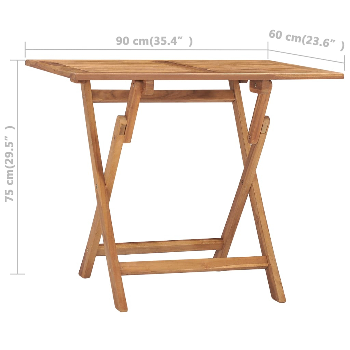 Klapptisch aus Holz, rechteckige Oberseite, braune Farbe. Abmessungen: 90x60x75 cm. Maße sind mit grauen Pfeilen und Texten angegeben.