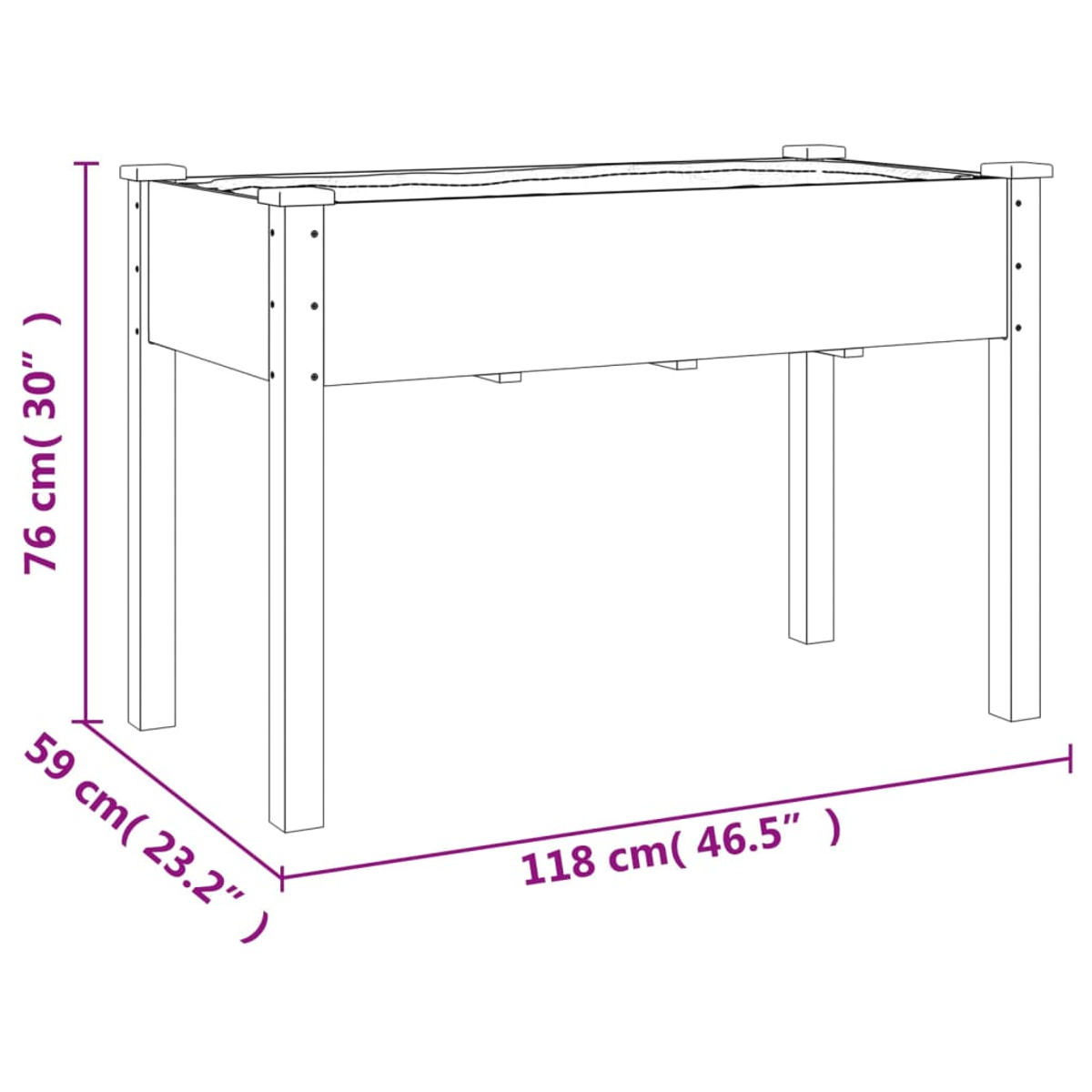Strichzeichnung eines erhöhten Gartenbeets, Maße in cm und Zoll beschriftet: 76 cm (30"), 59 cm (23,2"), und 118 cm (46,5").