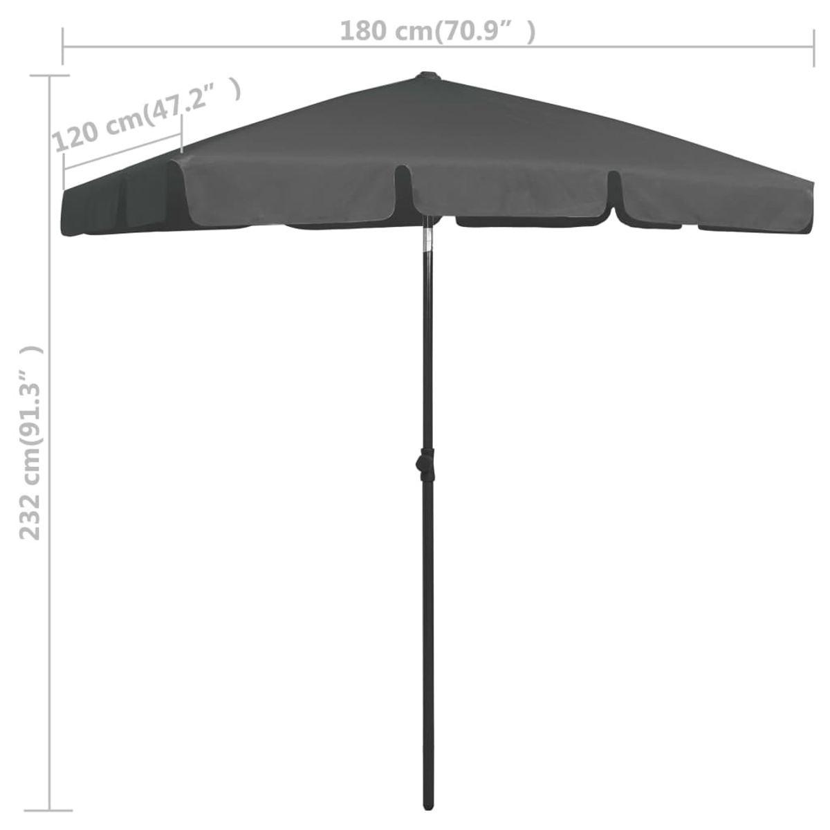 Ein dunkelgrauer Sonnenschirm ist geöffnet. Es hat eine schwarze Stange. Auf dem Bild sind die Maße angegeben: 180 cm, 120 cm und 232 cm.