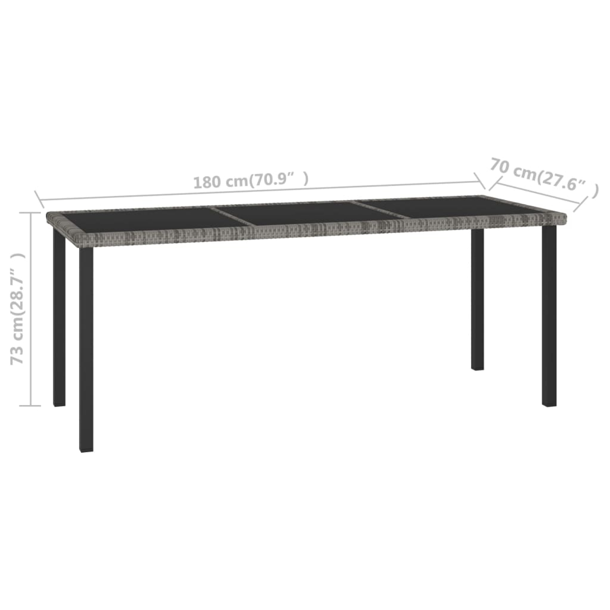 Ein rechteckiger Outdoor-Tisch mit dunkler grauer Platte und schwarzen Beinen. Maße: 180cm x 70cm x 73cm.