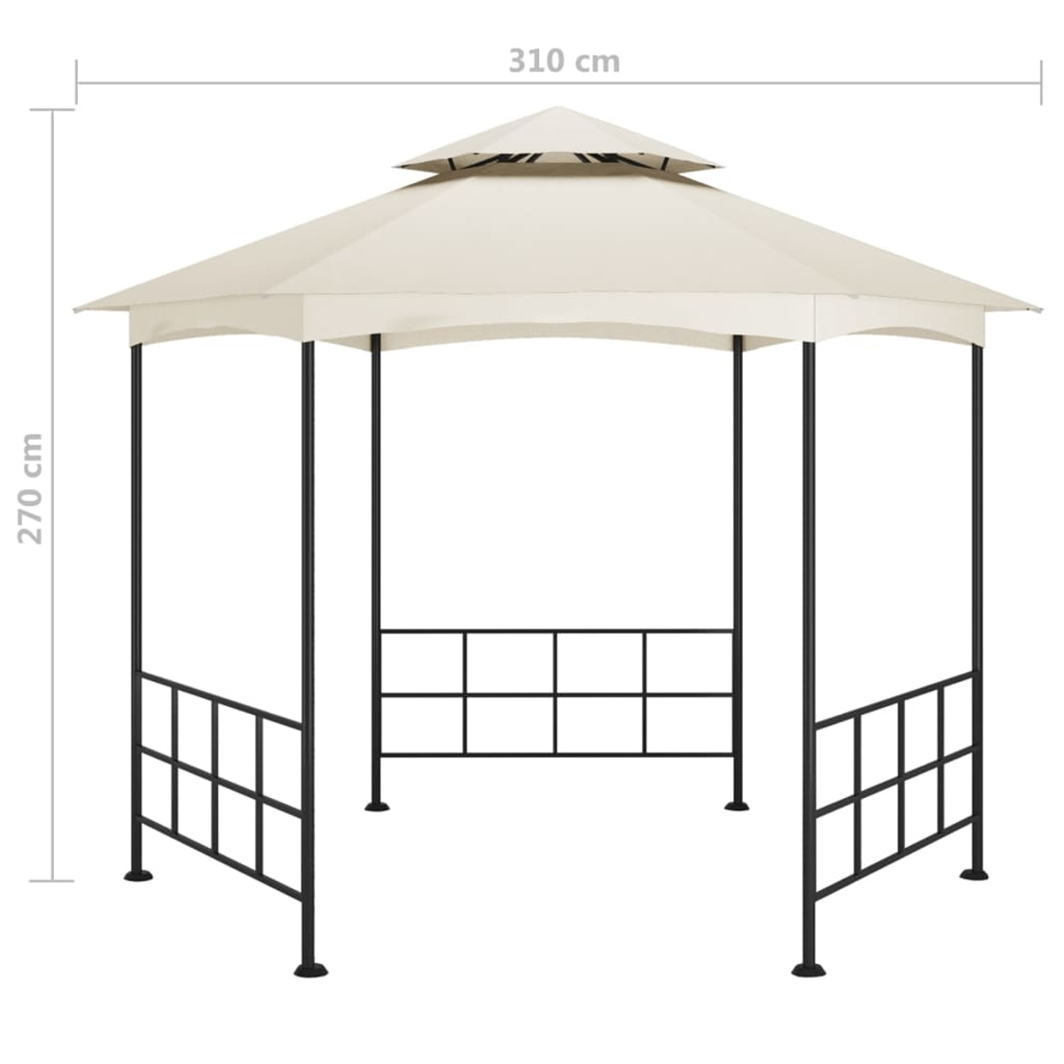 Ein beigefarbener Pavillon mit schwarzem Rahmen. Er hat ein mehrstöckiges Dach und dekorative Seitenteile.