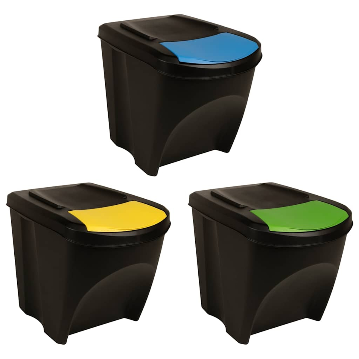 Drei schwarze Recyclingbehälter mit farbigen Deckeln: blau, gelb und grün. Jeder Behälter hat ein geschwungenes Design und einen dunklen Deckel.