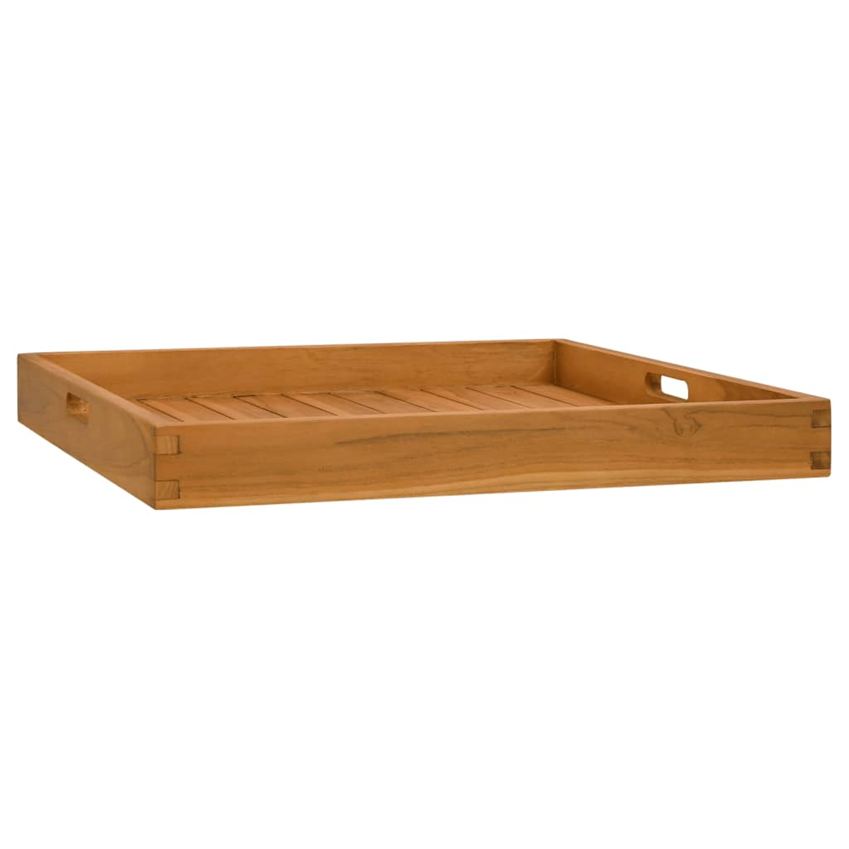 Eine rechteckige Holzschale, hellbraun, mit Griffaussparungen. Die Schale hat einen geschlitzten Boden und ist leer.