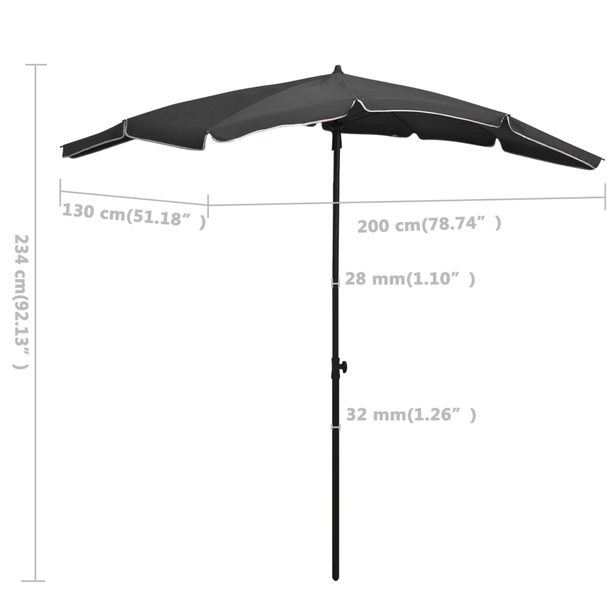 Ein schwarz-weißer Sonnenschirm mit Maßen. Abmessungen sind 200 cm, 130 cm, 28 mm und 32 mm. Gesamthöhe ist 234 cm.