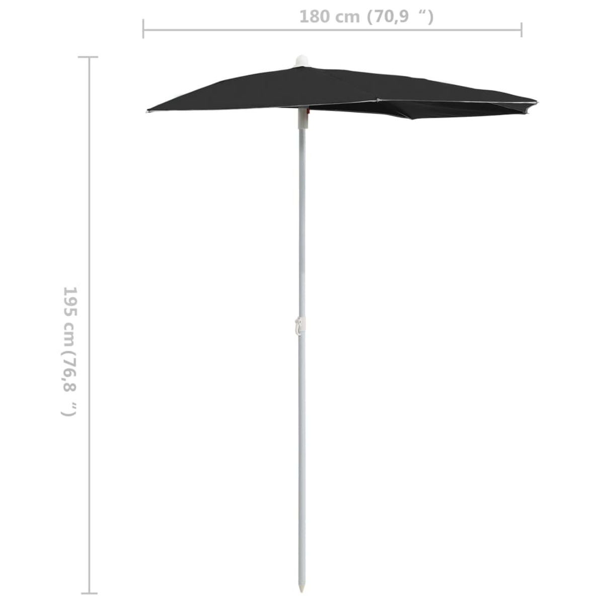 Ein schwarzer Regenschirm mit weißem Mast vor weißem Hintergrund. Abmessungen: 180 cm (70,9") breit und 195 cm (76,8") hoch.