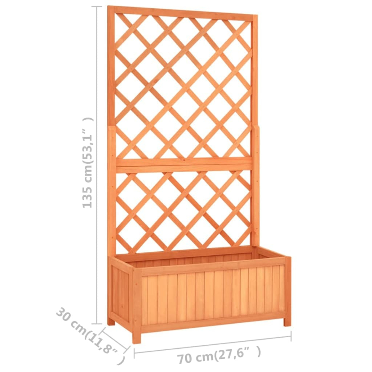 Holzpflanzer mit Gitter. Der Pflanzer ist rechteckig, mit einem Gitter oben. Das Holz ist hellbraun. Die Abmessungen sind angegeben.