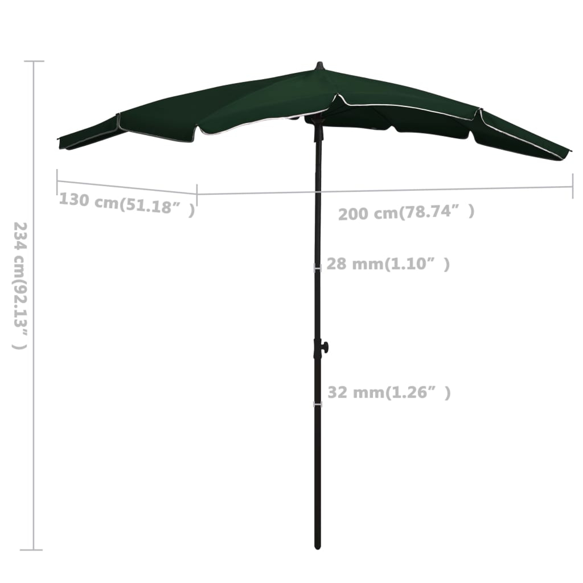 Ein grüner Sonnenschirm mit weißem Rand ist geöffnet. Maße sind beschriftet: 130 cm, 200 cm, 234 cm. Ein schwarzer Pfahl steht in der Mitte.