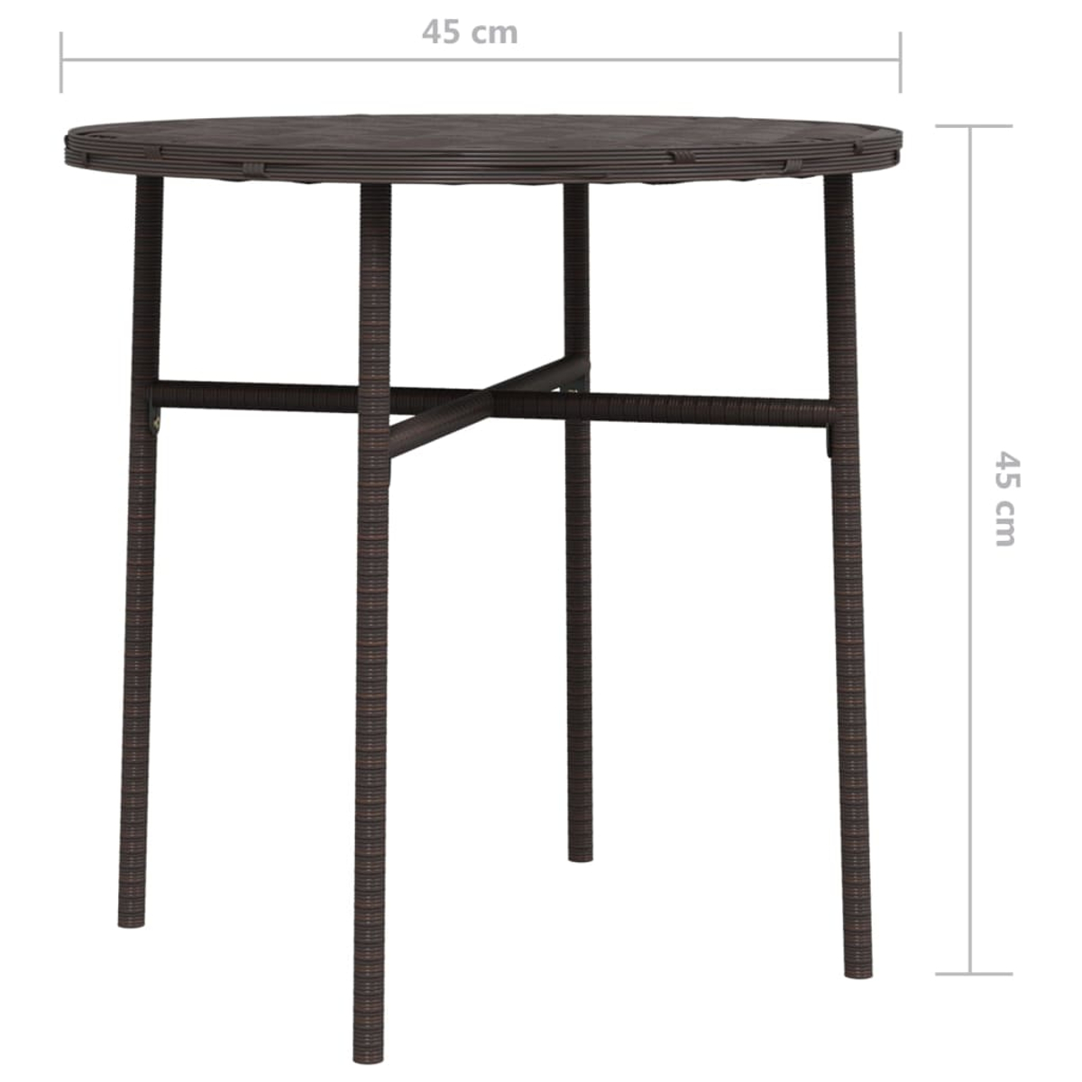 Ein kleiner, runder brauner Tisch. Er hat vier Beine und eine gewebte Oberfläche. Die Maße sind 45 cm im Durchmesser und in der Höhe.