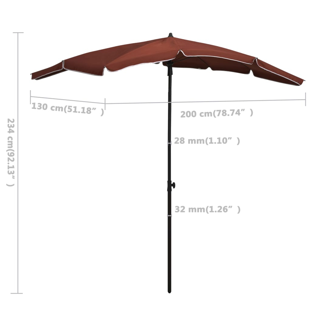 Ein brauner Sonnenschirm mit weißer Einfassung. Der Schirm ist geöffnet, mit Messungen von 130 cm, 200 cm, 28 mm, 32 mm und 234 cm.