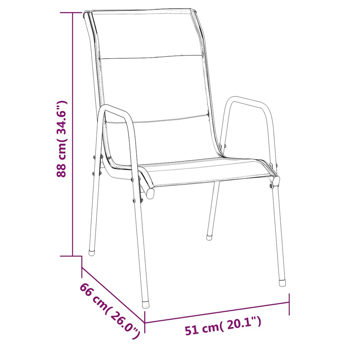 Eine Strichzeichnung eines Stuhls mit den Maßen: 88 cm hoch, 66 cm breit und 51 cm tief. Der Stuhl hat Armlehnen und eine hohe Rückenlehne.