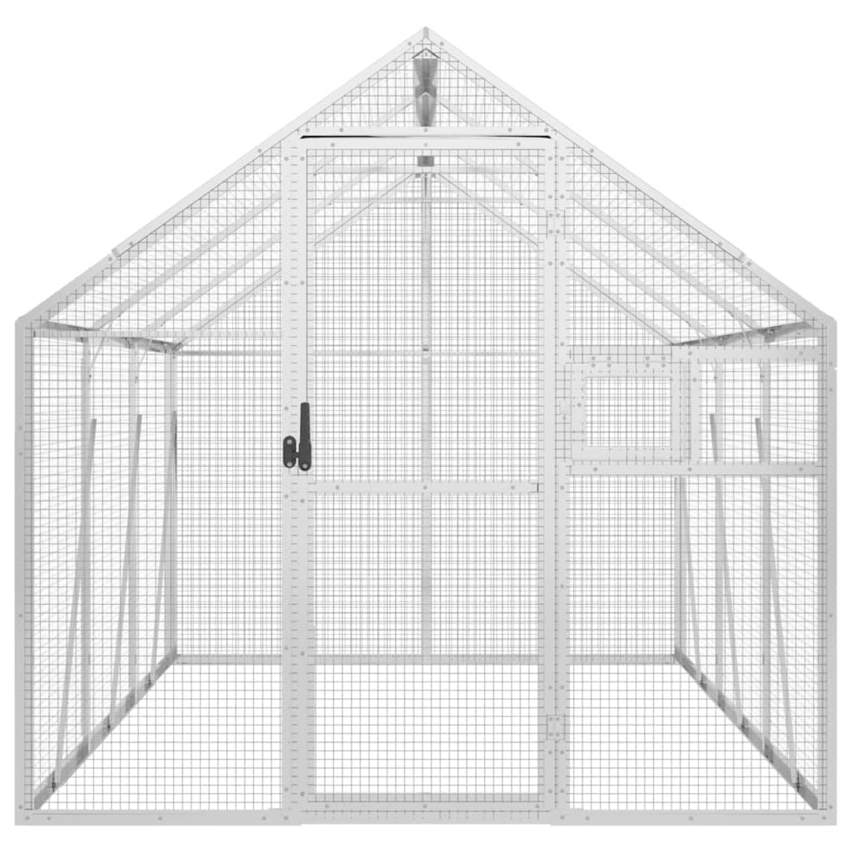 Ein weißes Gewächshaus aus Metall mit Satteldach und Drahtgitterwänden und -tür. Es hat ein kleines Fenster und einen Riegel.
