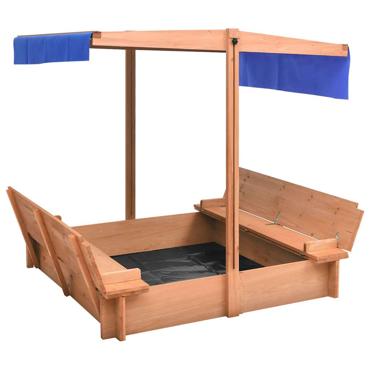 Una sabbiera in legno con una tenda blu. La sabbiera ha panche e un rivestimento nero. La tenda fornisce ombra.