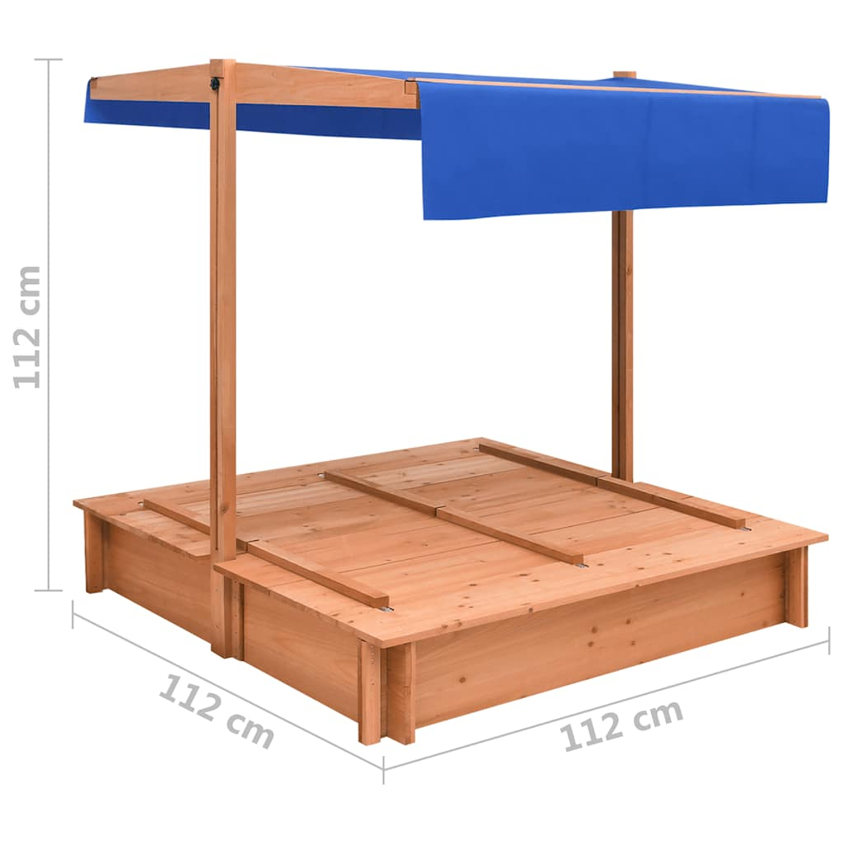 Una sabbiera in legno con una tenda blu. Le dimensioni sono 112 cm x 112 cm. Ha una base in legno e un parasole in tessuto blu.