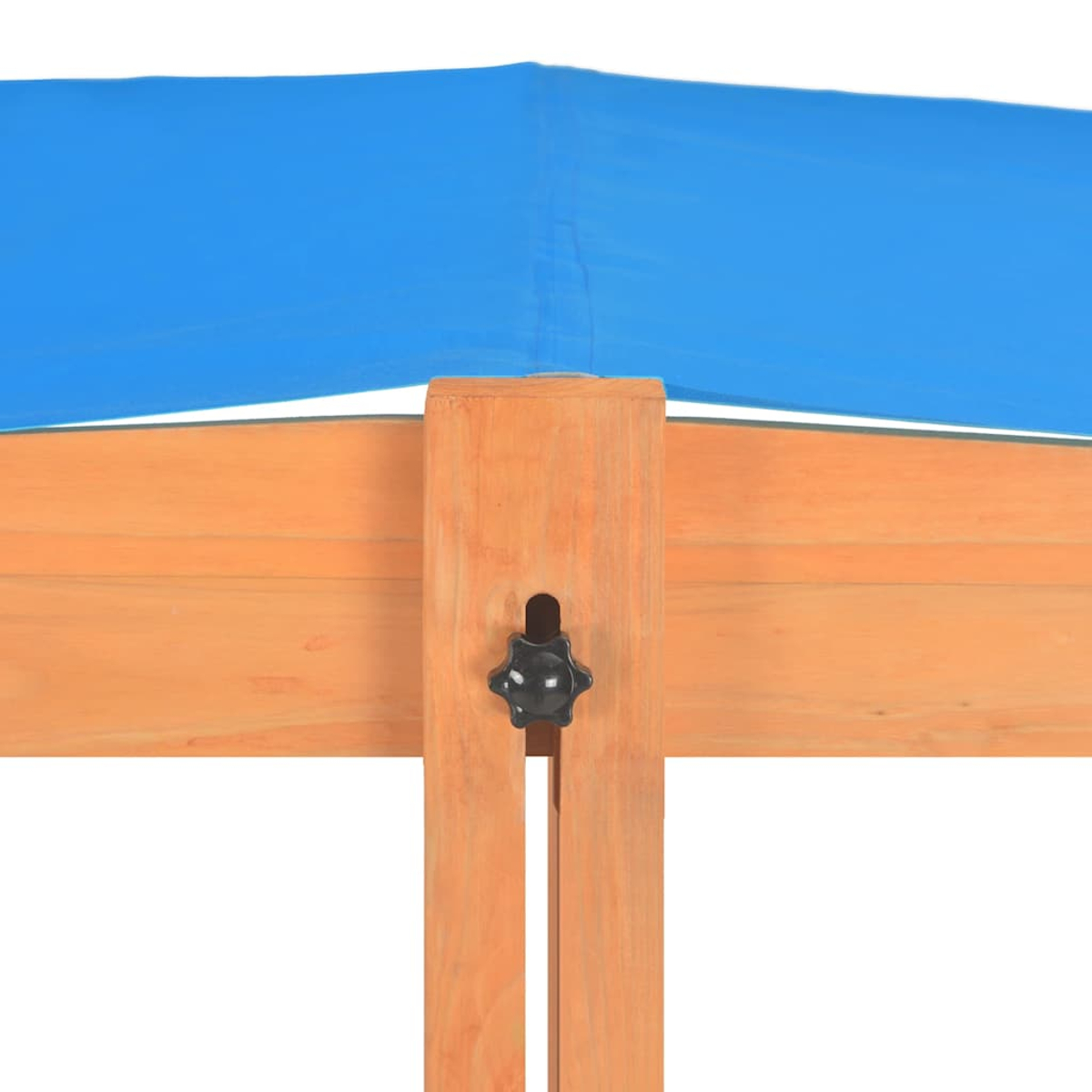 Tenda da sole blu su telaio in legno con pomello nero. La struttura in legno è marrone chiaro e la tenda è blu brillante.