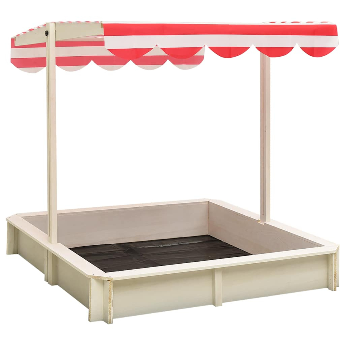 Una sabbiera in legno con una tenda a strisce rosse e bianche. La sabbiera è quadrata e ha un rivestimento nero all'interno.