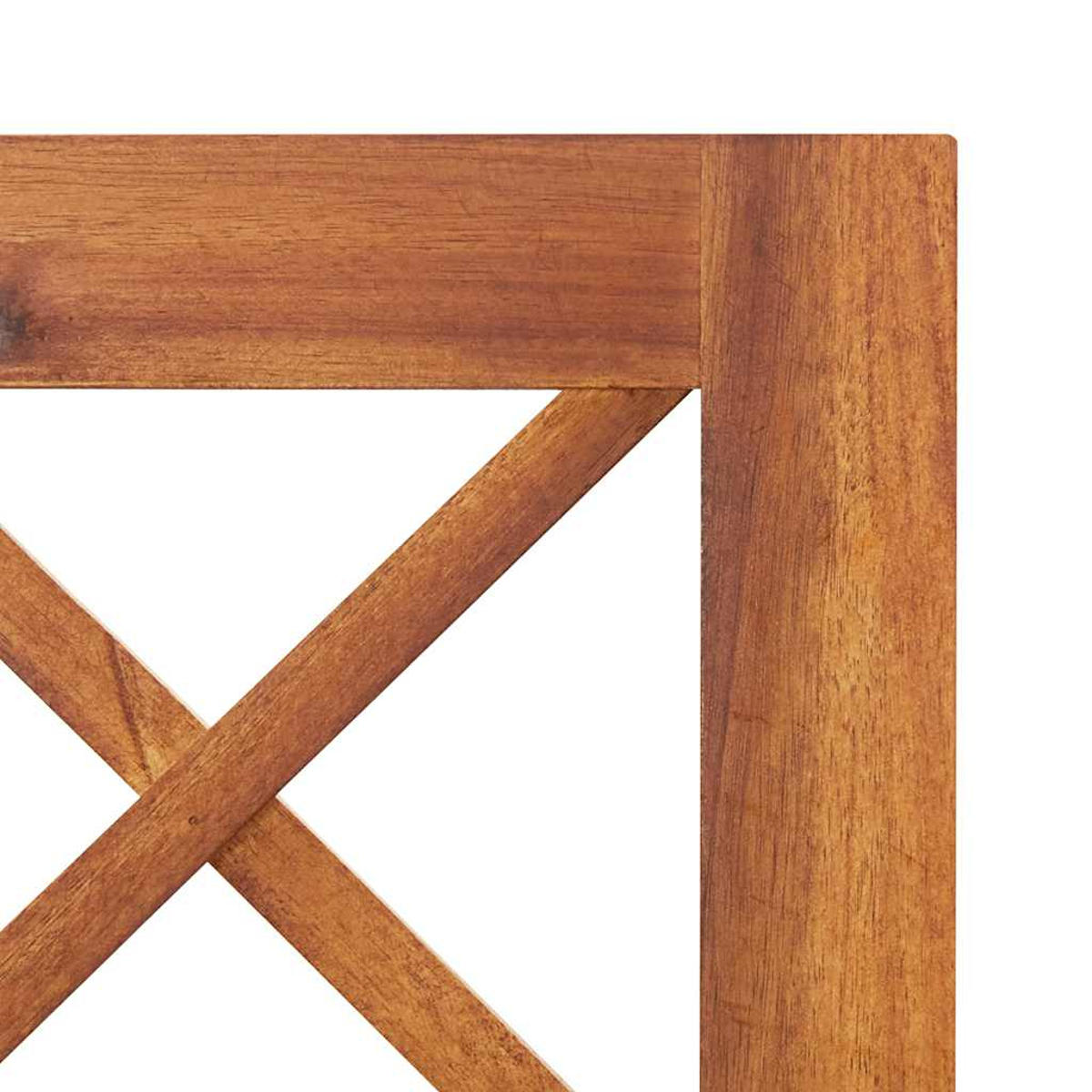 Nahaufnahme einer Holzeckleiste. Das Holz ist braun mit sichtbarer Maserung. Eine X-förmige Stütze ist sichtbar.