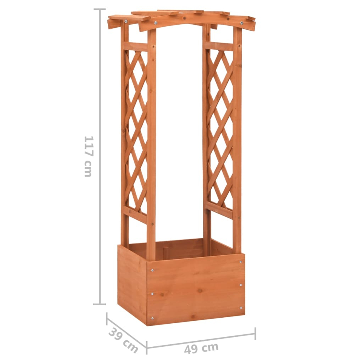 Holz-Gartenbogen mit Pflanzgefäß. Er hat eine rechteckige Basis, Gitterseiten und ein bogenförmiges Oberteil. Abmessungen: 117x49x39 cm.