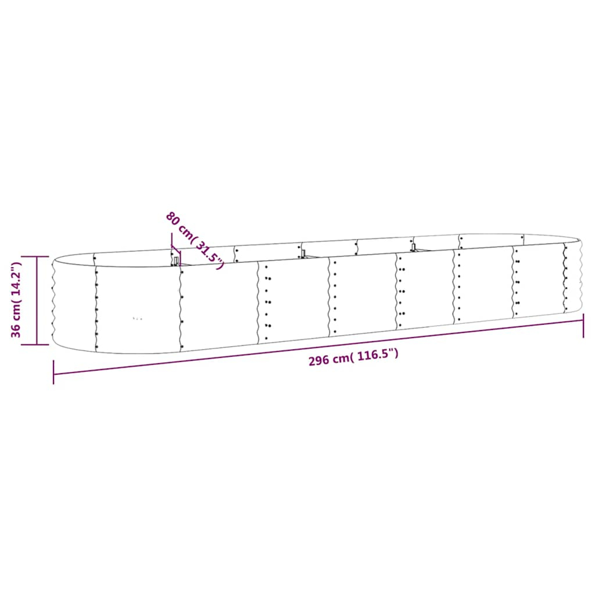 Illustration eines langen, ovalen Metallbehälters, mit Maßangaben: 296 cm (116,5") lang, 36 cm (14,2") hoch und 80 cm (31,5") breit.