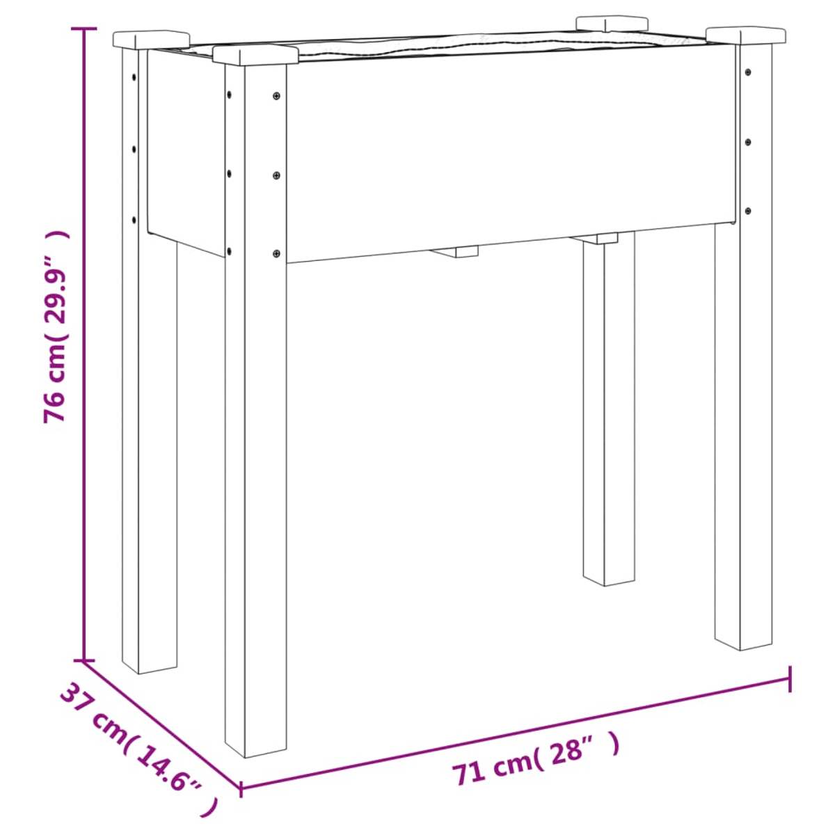 Ein hölzerner Pflanzkasten mit vier Beinen. Abmessungen: Höhe (76 cm), Breite (37 cm) und Länge (71 cm), angegeben durch violette Linien.