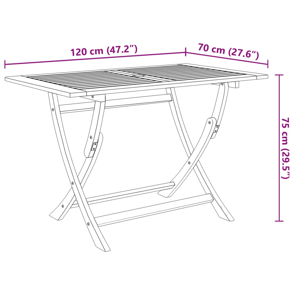 Ein klappbarer Holztisch, Abmessungen sind beschriftet. Die Oberseite ist rechteckig mit Lamellen. Beine bilden ein X. Maße sind 120x70x75cm.