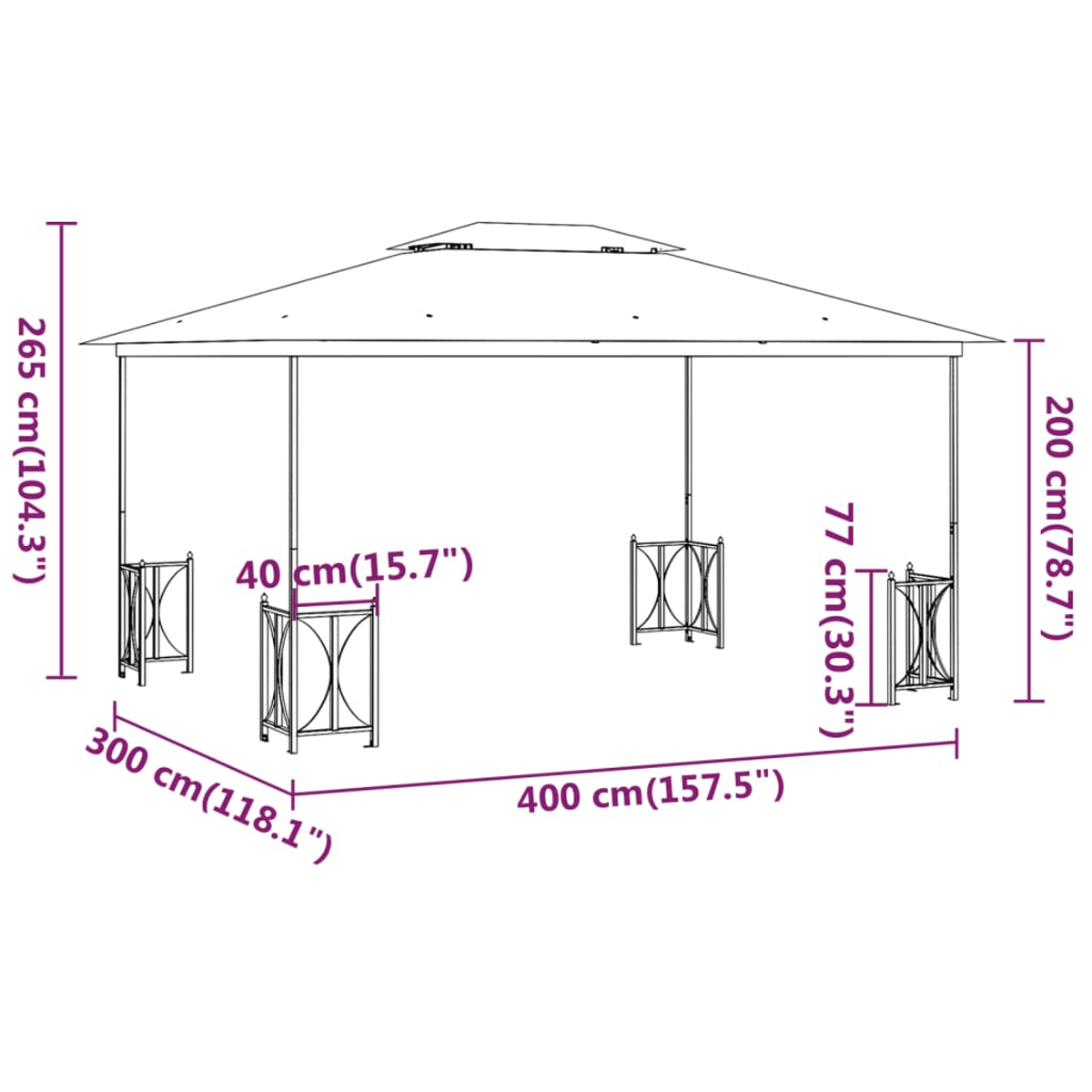 Ein weißer Pavillon mit Abmessungen und Maßen, einschließlich Höhen-, Breiten- und Tiefenangaben. Ein Diagramm mit Text und Linien.