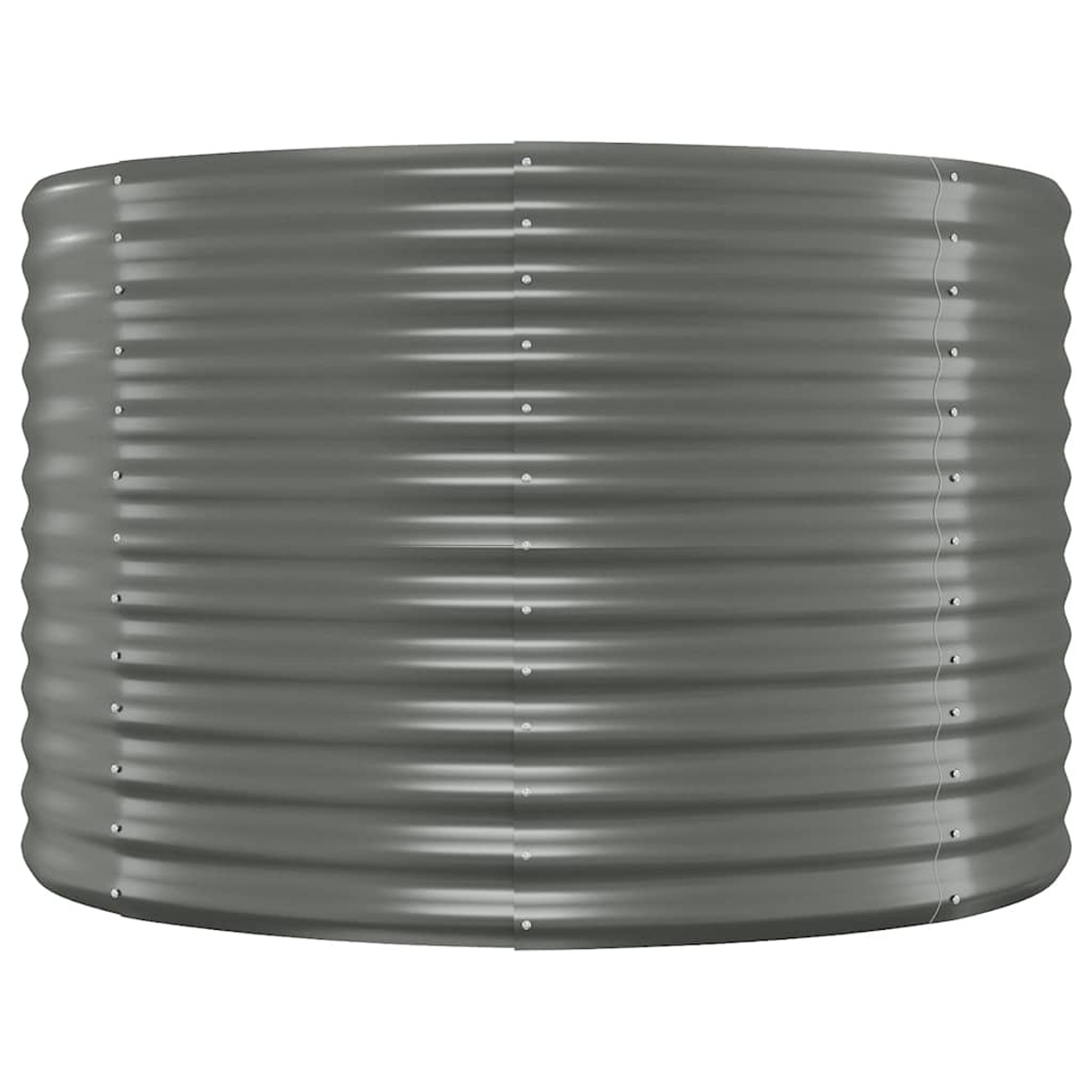 Ein zylindrischer, gewellter Metallpflanzer. Es ist dunkelgrau und hat sichtbare Nieten an den Nähten.