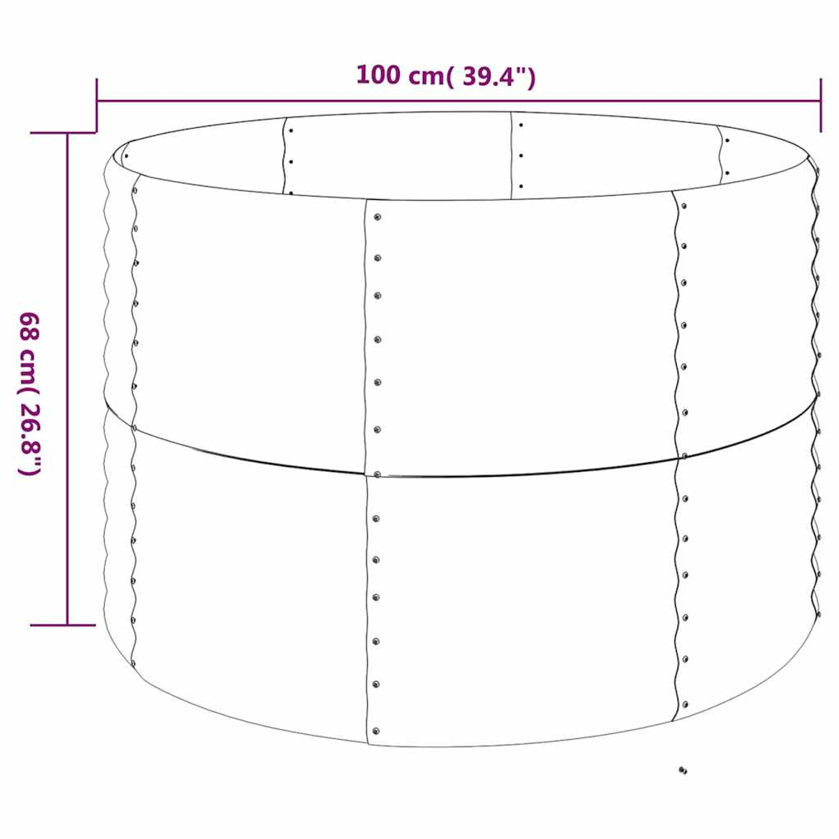 Ein zylindrischer Pflanzkübel mit beschrifteten Abmessungen. Er ist 100 cm breit und 68 cm hoch. Der Pflanzkübel scheint aus Metall zu sein.
