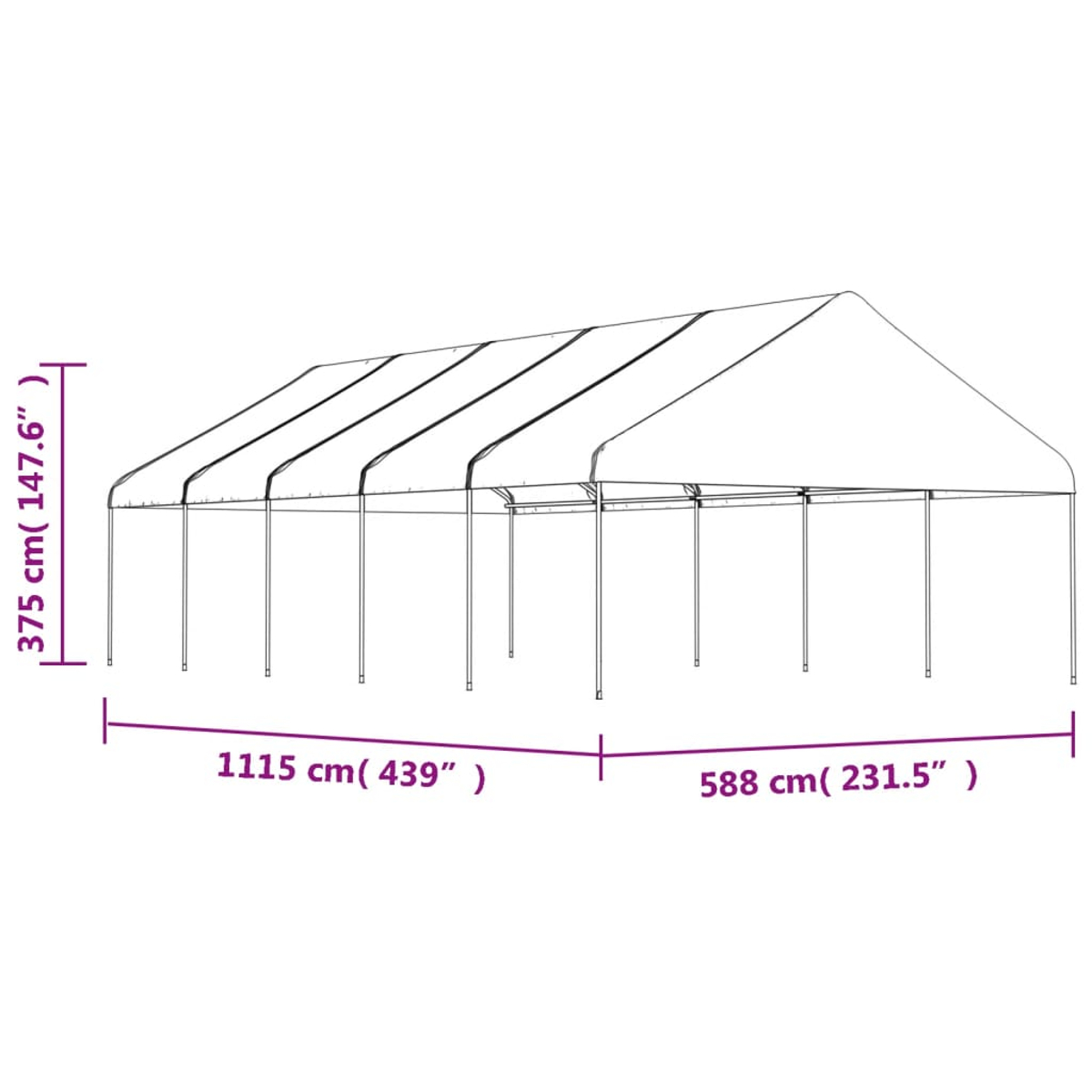 Diagramm eines weißen Zeltes. Maße sind angegeben: 375 cm Höhe, 1115 cm Breite und 588 cm Tiefe. Schwarze Linien zeigen die Struktur.