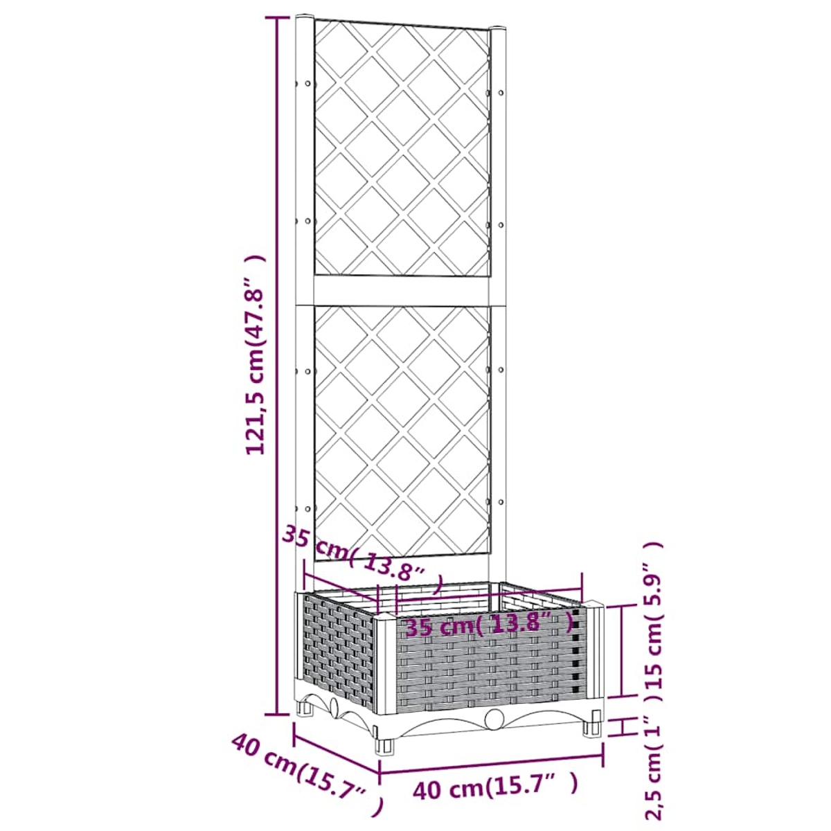 Una fioriera in legno con un design a traliccio. La fioriera è quadrata con dimensioni etichettate. L'altezza totale è di 121,5 cm. Le misure sono in cm e pollici.