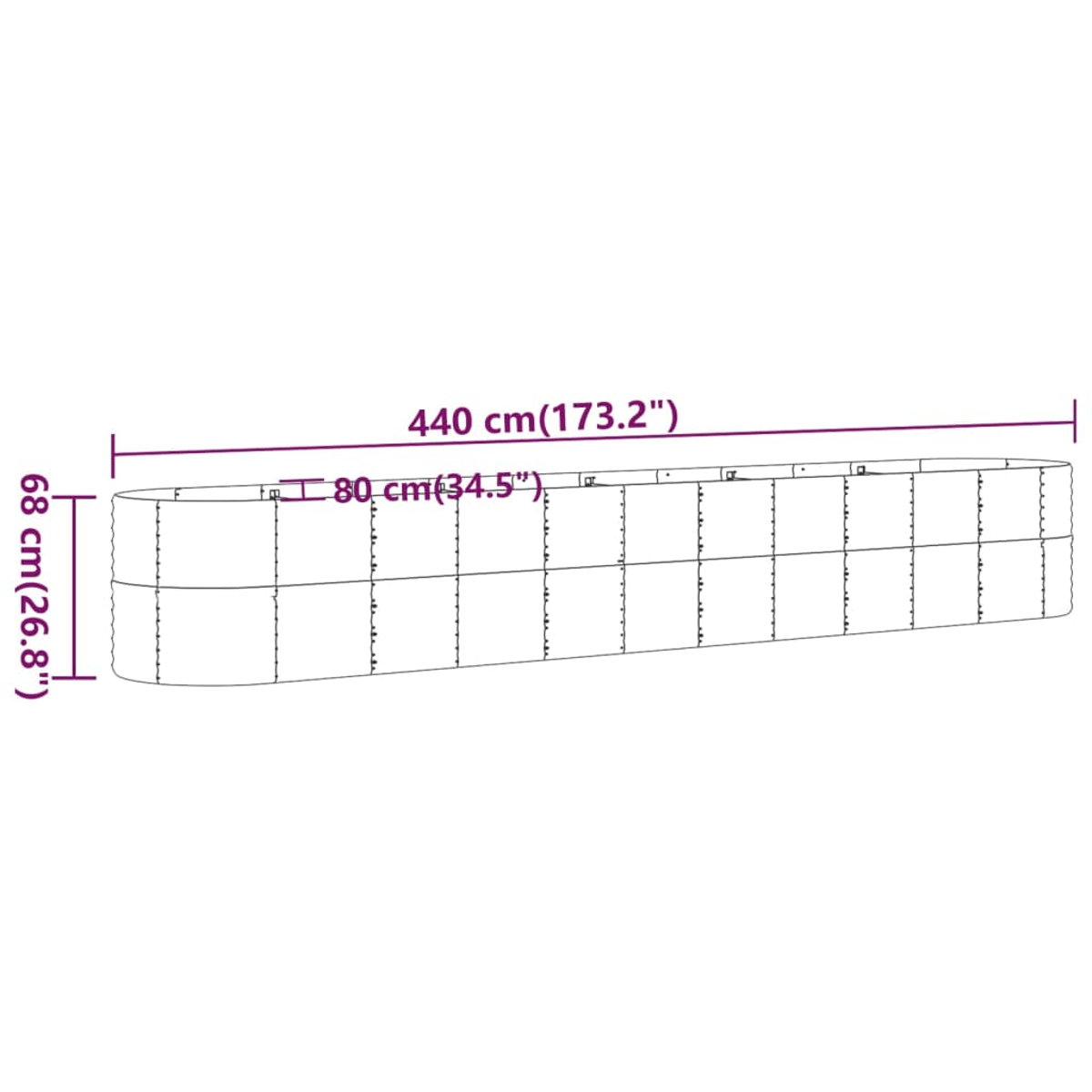 Ein langes, segmentiertes, gebogenes Objekt. Abmessungen sind beschriftet: 440 cm lang, 68 cm hoch und 80 cm breit.