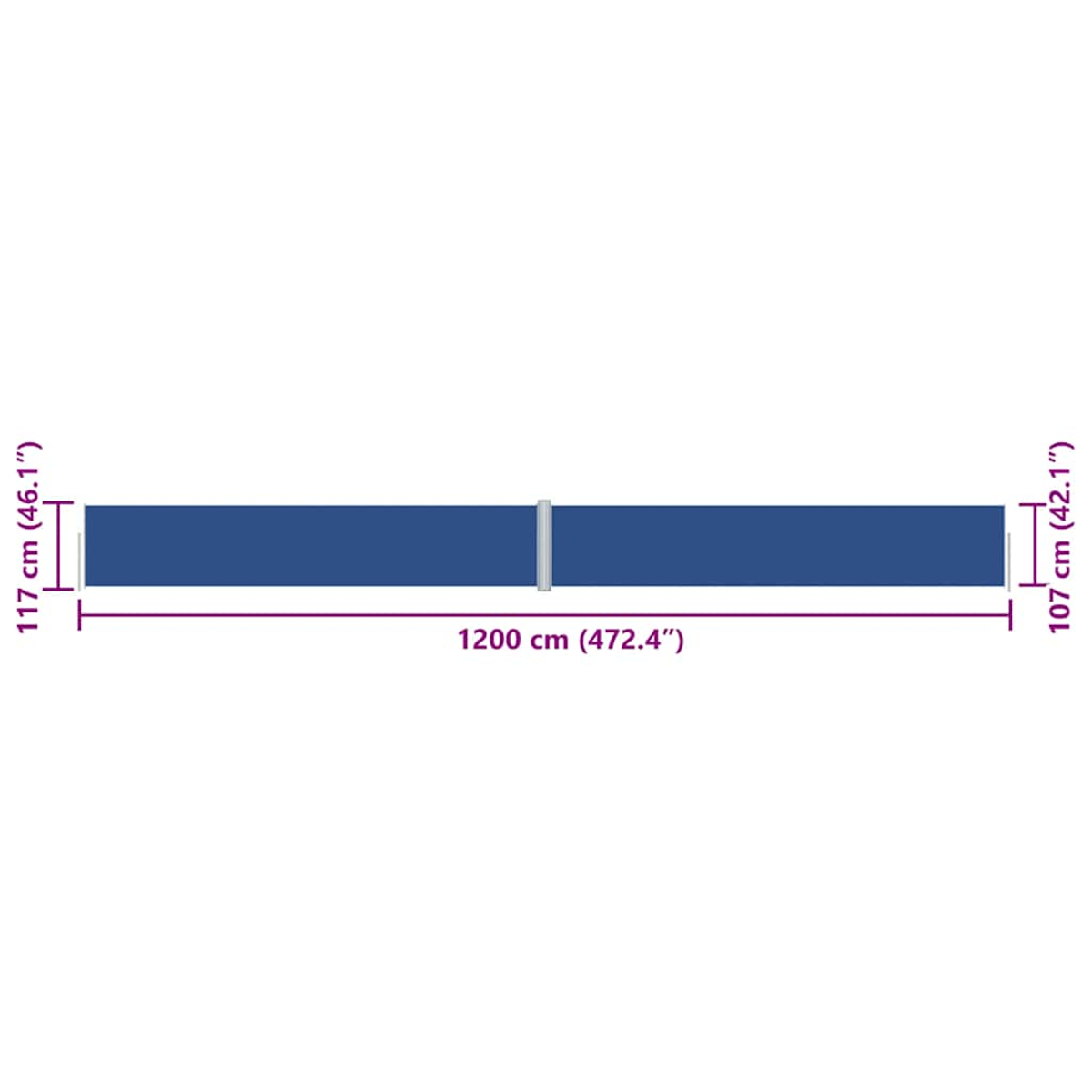 Eine blaue rechteckige Form mit beschrifteten Abmessungen. Maße: 1200 cm lang, 117 cm und 107 cm breit, mit einem weißen Balken in der Mitte.