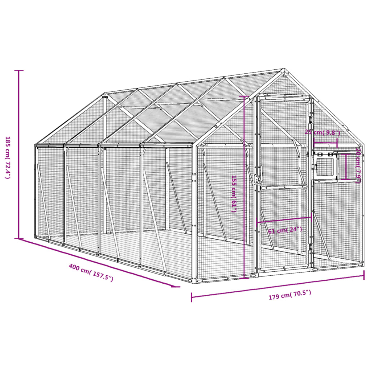 Ein Gewächshaus aus Drahtgeflecht mit Maßangaben: 400x185x179 cm. Es hat eine Tür und ein kleines Fenster.