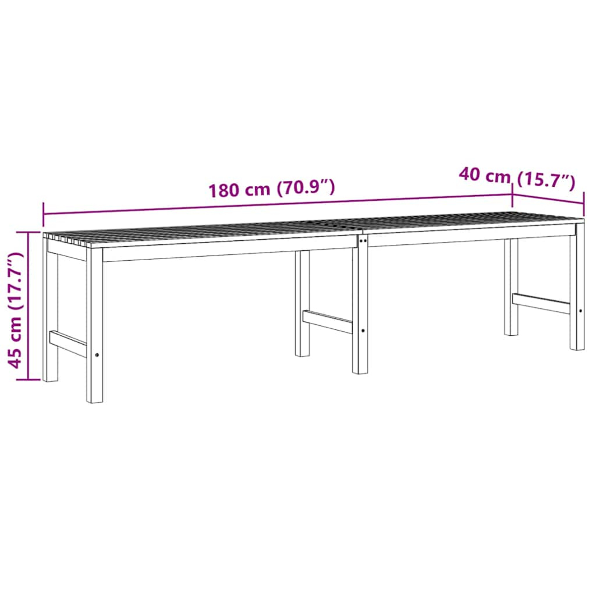 Ein Holztisch mit den Maßen: 180 cm (70,9") lang, 40 cm (15,7") breit und 45 cm (17,7") hoch.