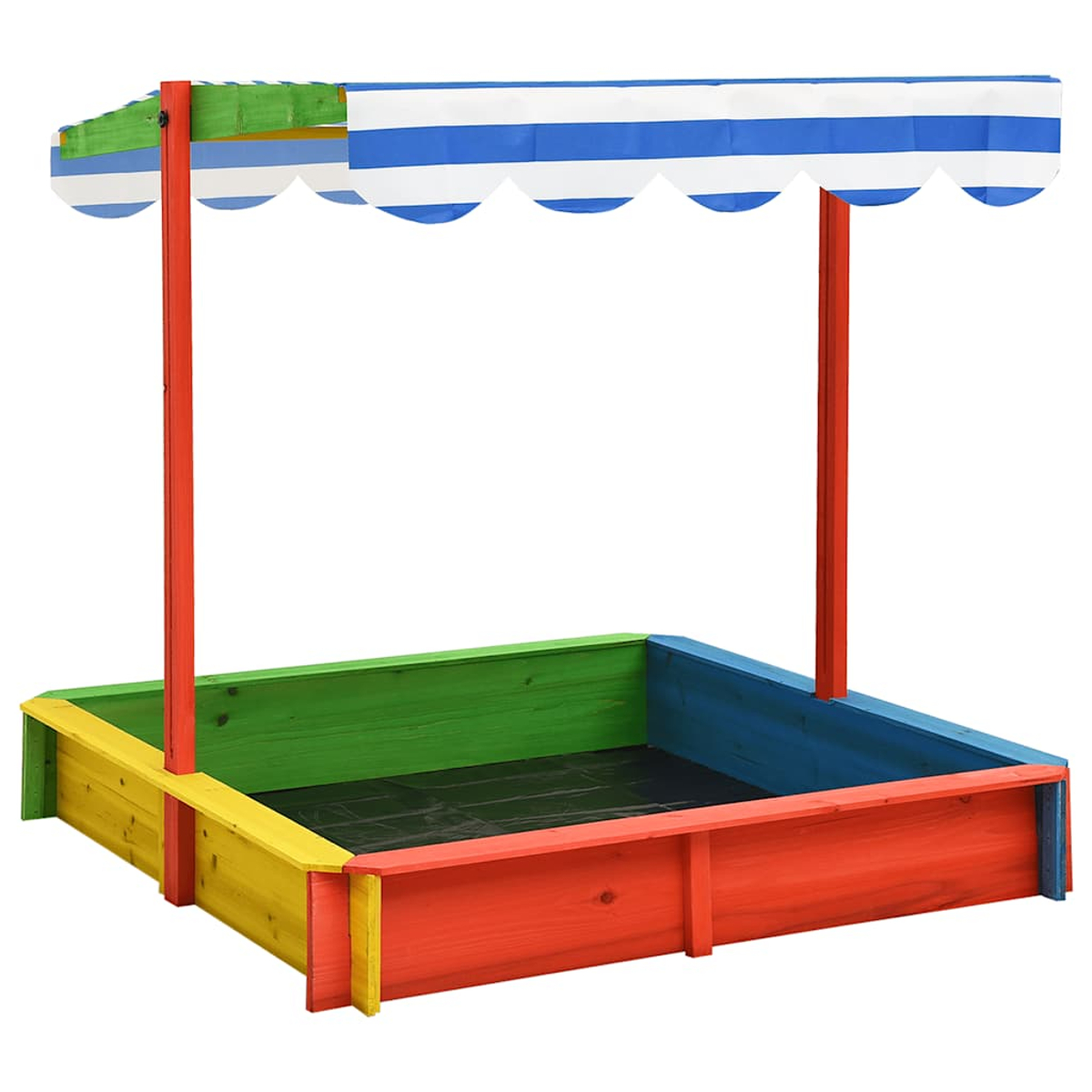 Ein bunter Holzsandkasten mit gestreiftem Verdeck. Der Sandkasten ist quadratisch, mit roten, gelben, grünen und blauen Seiten.
