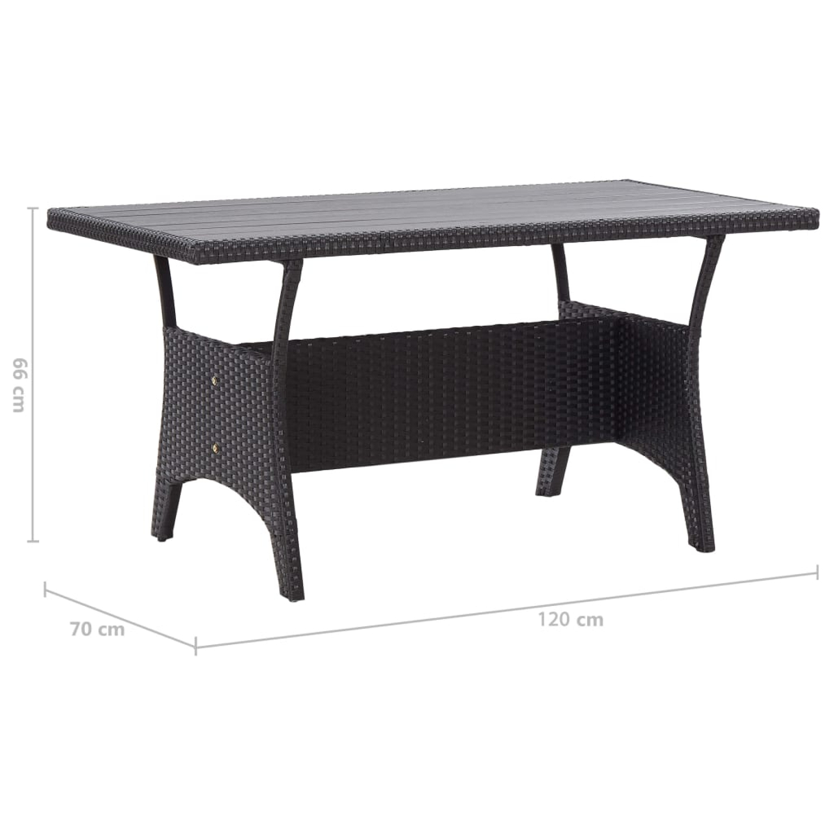 Ein schwarzer rechteckiger Rattantisch mit beschrifteten Abmessungen. Der Tisch ist 120 cm lang, 70 cm breit und 66 cm hoch.